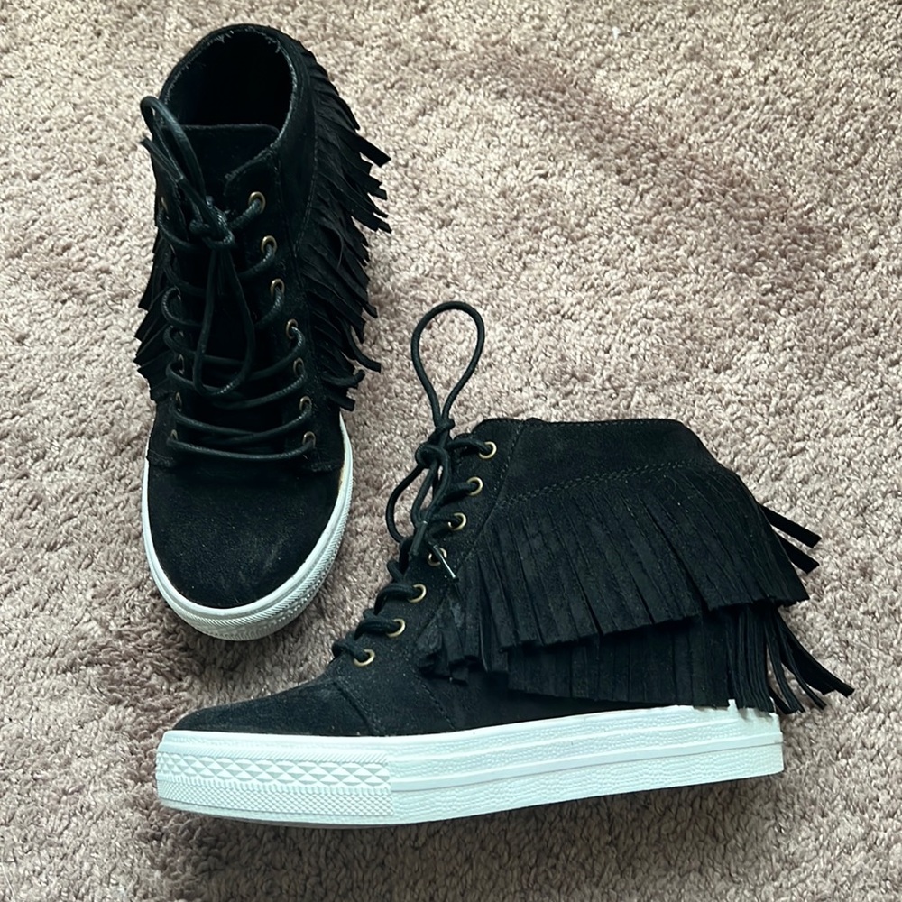 Like New Fringe Black Heeled Sneakers Size 9
